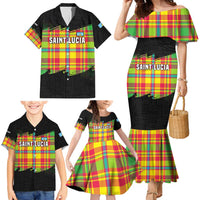 Saint Lucia Parrot Family Matching Mermaid Dress and Hawaiian Shirt with Madras Pattern and Cultural Black Motif Design - Wonder Print Shop