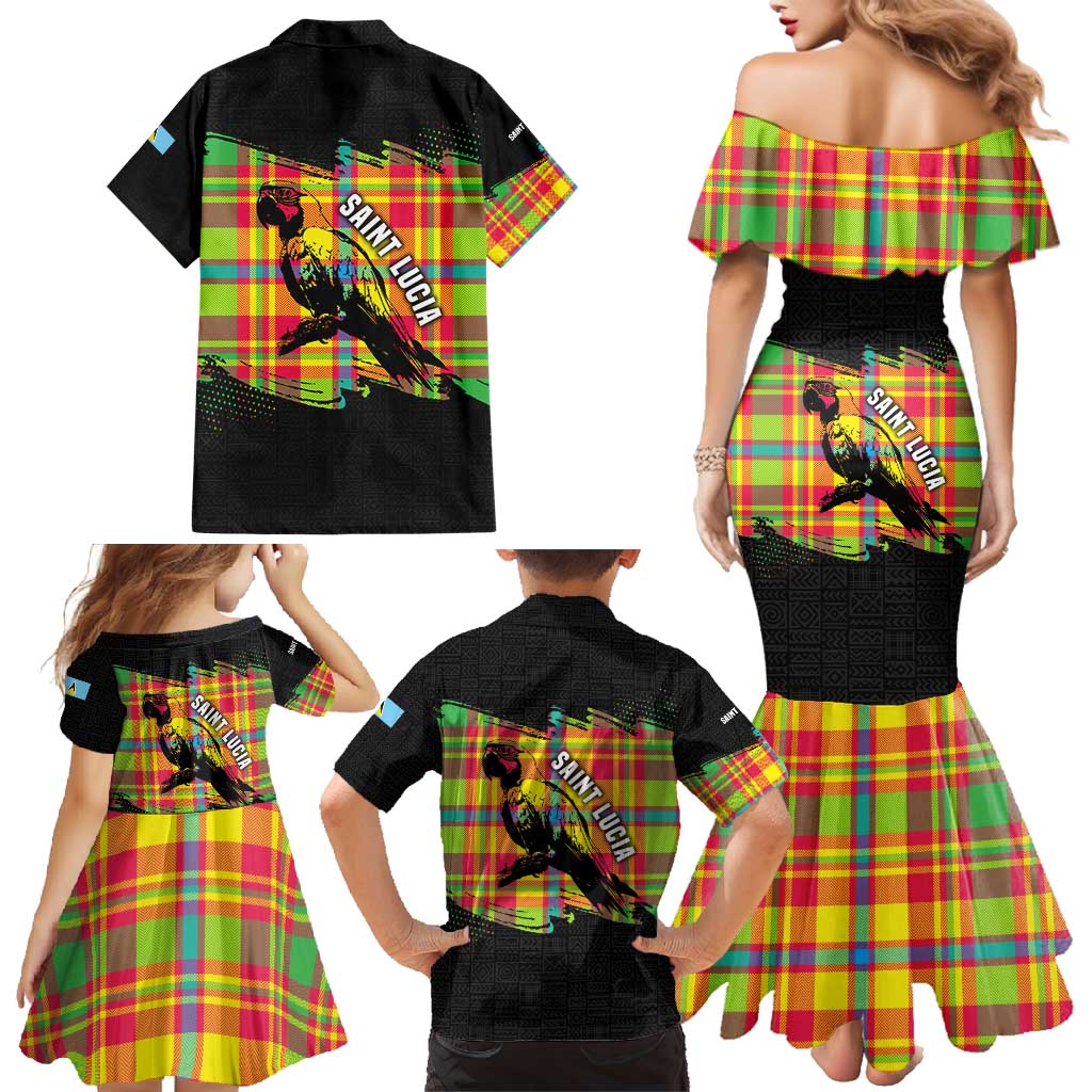 Saint Lucia Parrot Family Matching Mermaid Dress and Hawaiian Shirt with Madras Pattern and Cultural Black Motif Design - Wonder Print Shop