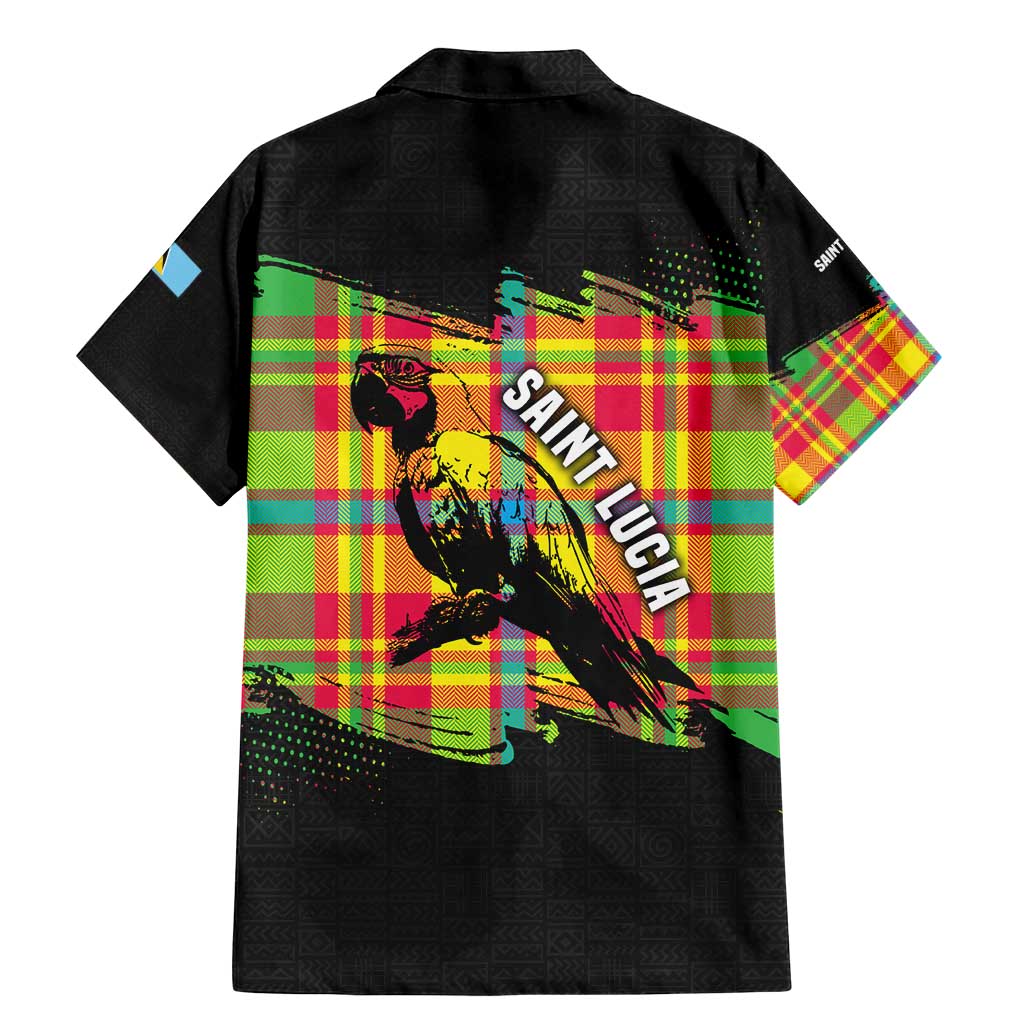 Saint Lucia Parrot Family Matching Mermaid Dress and Hawaiian Shirt with Madras Pattern and Cultural Black Motif Design - Wonder Print Shop