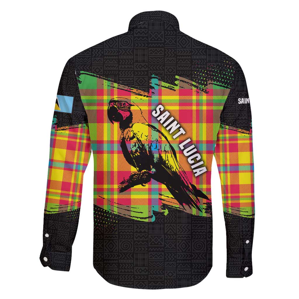 Saint Lucia Parrot Family Matching Mermaid Dress and Hawaiian Shirt with Madras Pattern and Cultural Black Motif Design - Wonder Print Shop