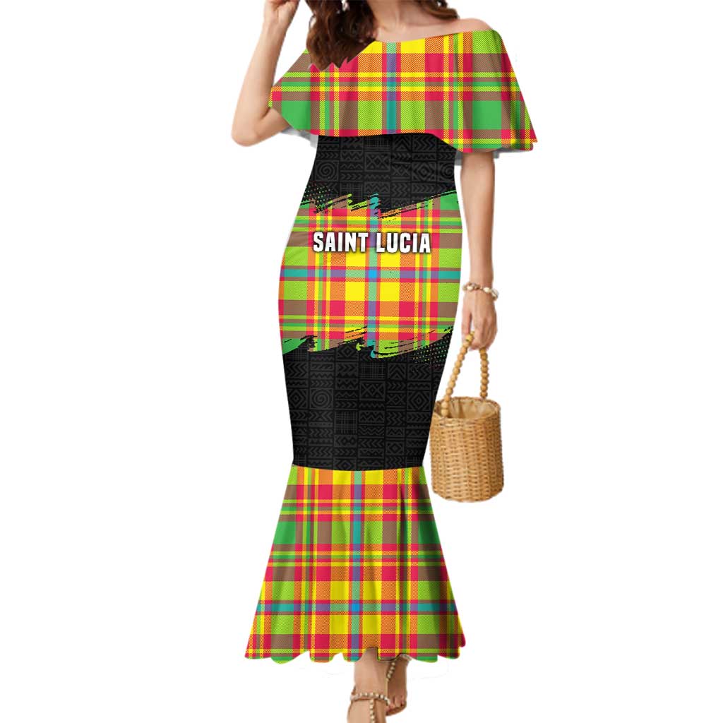 Saint Lucia Parrot Family Matching Mermaid Dress and Hawaiian Shirt with Madras Pattern and Cultural Black Motif Design - Wonder Print Shop