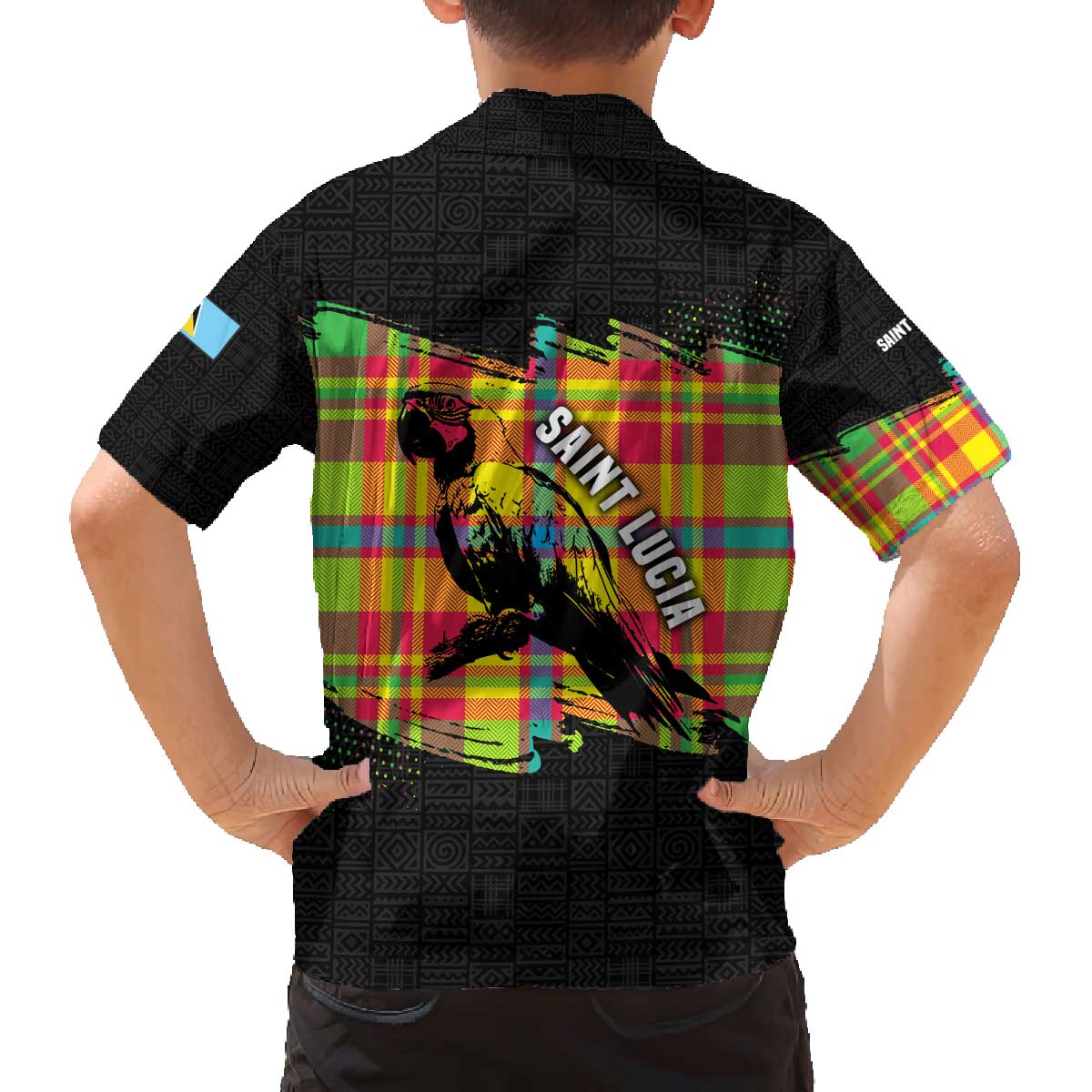 Saint Lucia Parrot Family Matching Off The Shoulder Long Sleeve Dress and Hawaiian Shirt with Madras Pattern and Cultural Black Motif Design - Wonder Print Shop