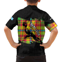 Saint Lucia Parrot Family Matching Off The Shoulder Long Sleeve Dress and Hawaiian Shirt with Madras Pattern and Cultural Black Motif Design - Wonder Print Shop