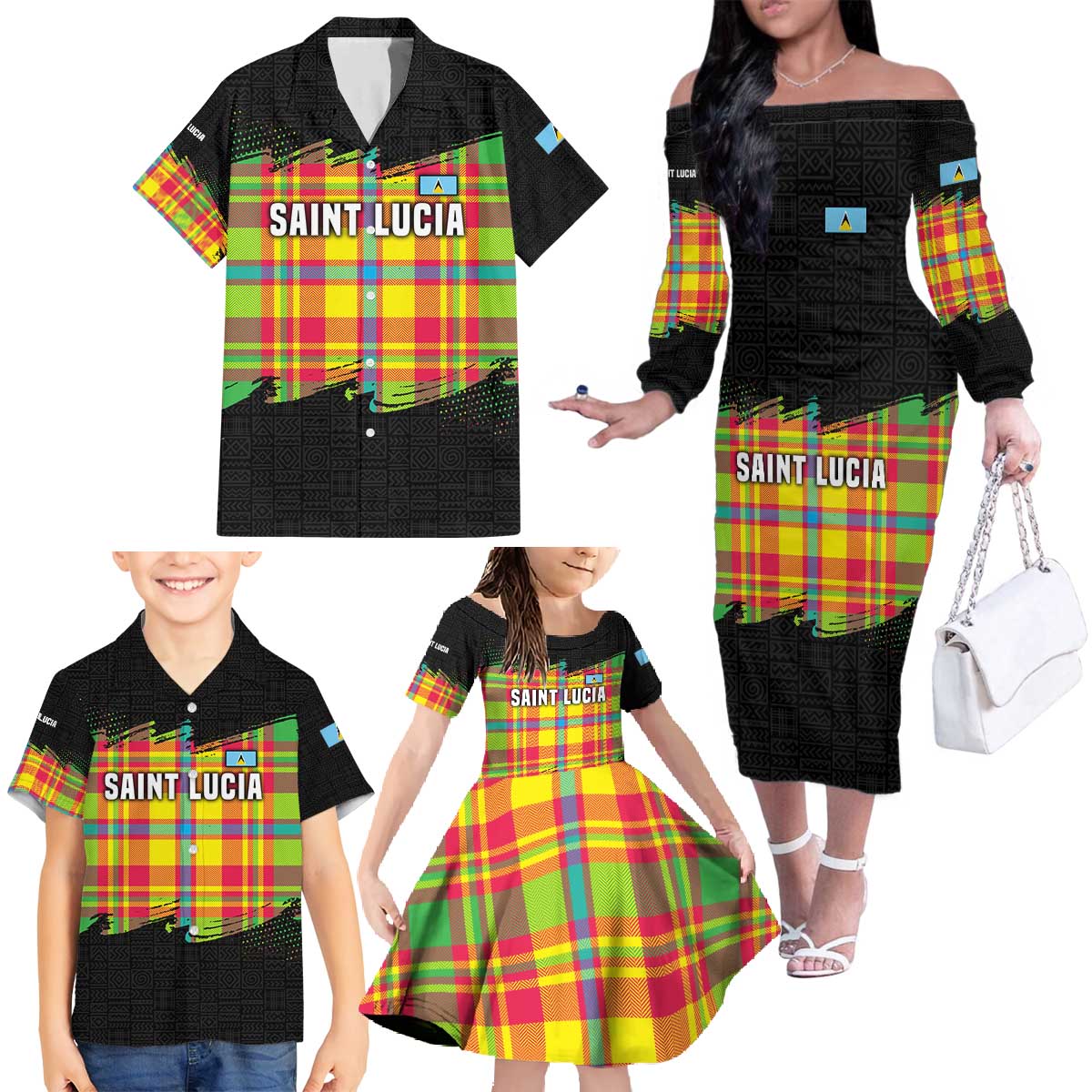 Saint Lucia Parrot Family Matching Off The Shoulder Long Sleeve Dress and Hawaiian Shirt with Madras Pattern and Cultural Black Motif Design - Wonder Print Shop