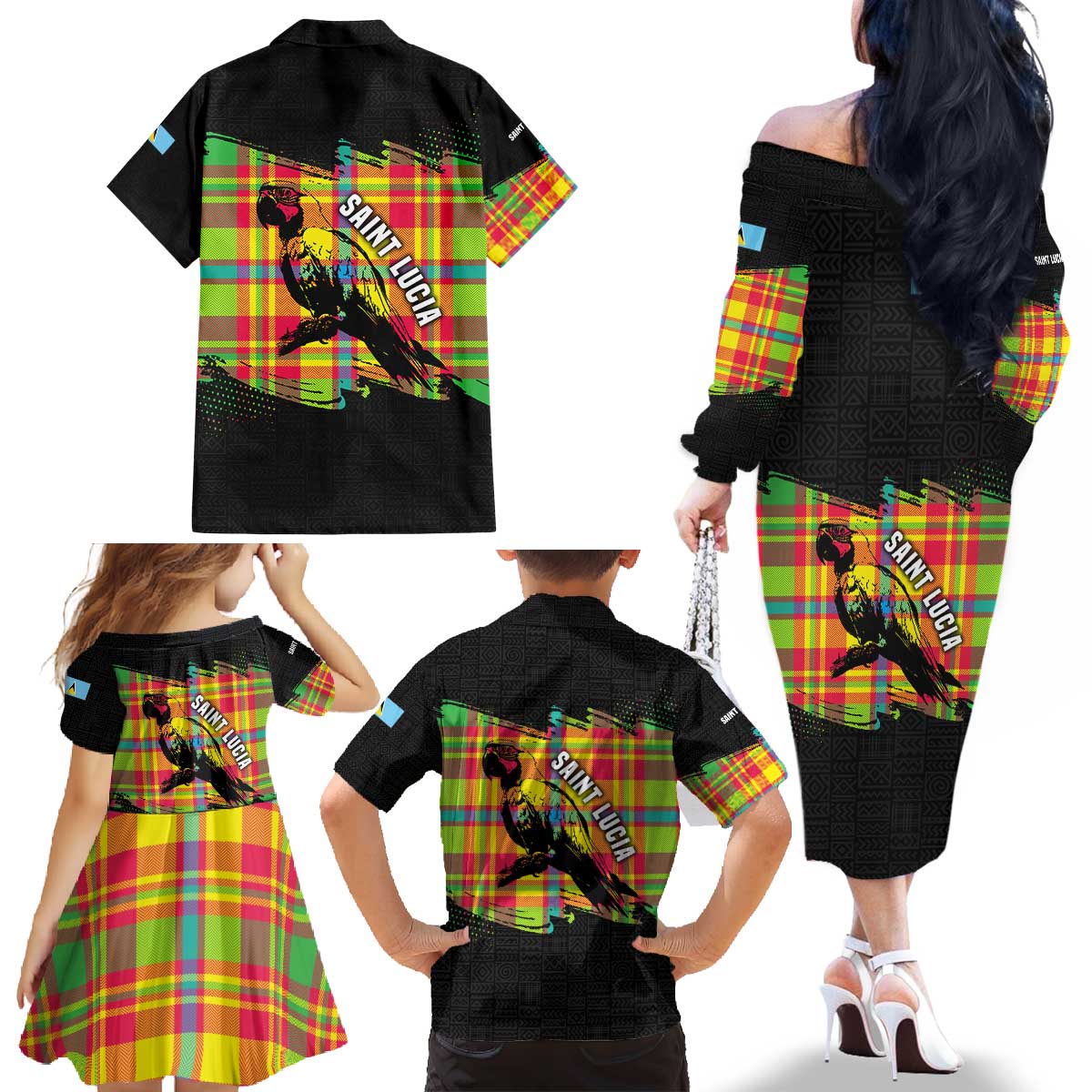 Saint Lucia Parrot Family Matching Off The Shoulder Long Sleeve Dress and Hawaiian Shirt with Madras Pattern and Cultural Black Motif Design - Wonder Print Shop
