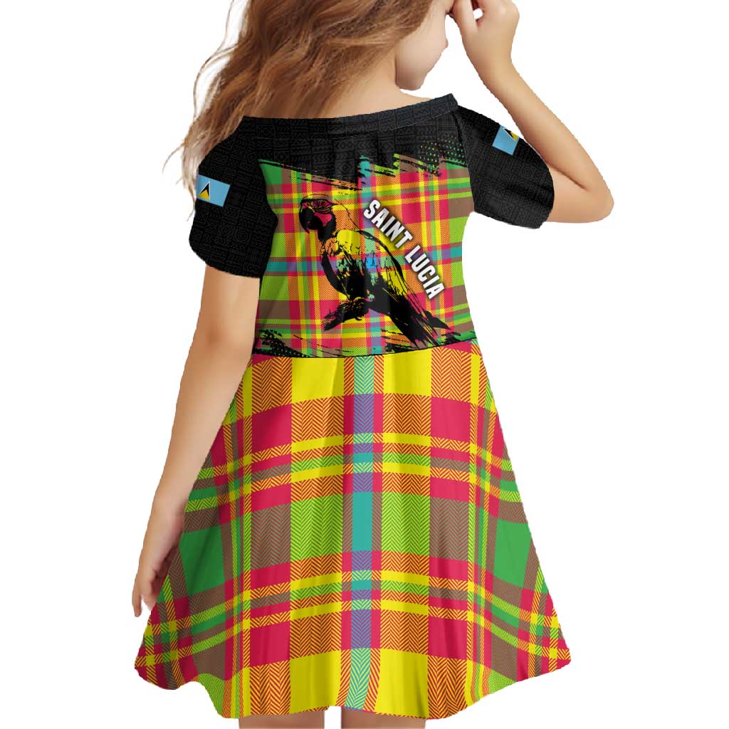 Saint Lucia Parrot Family Matching Off Shoulder Maxi Dress and Hawaiian Shirt with Madras Pattern and Cultural Black Motif Design - Wonder Print Shop