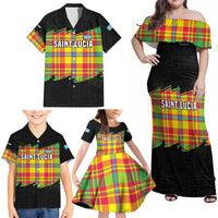 Saint Lucia Parrot Family Matching Off Shoulder Maxi Dress and Hawaiian Shirt with Madras Pattern and Cultural Black Motif Design - Wonder Print Shop