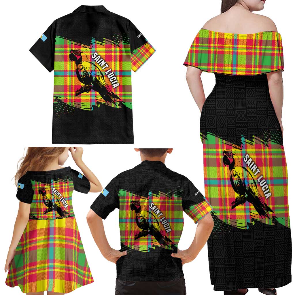 Saint Lucia Parrot Family Matching Off Shoulder Maxi Dress and Hawaiian Shirt with Madras Pattern and Cultural Black Motif Design - Wonder Print Shop