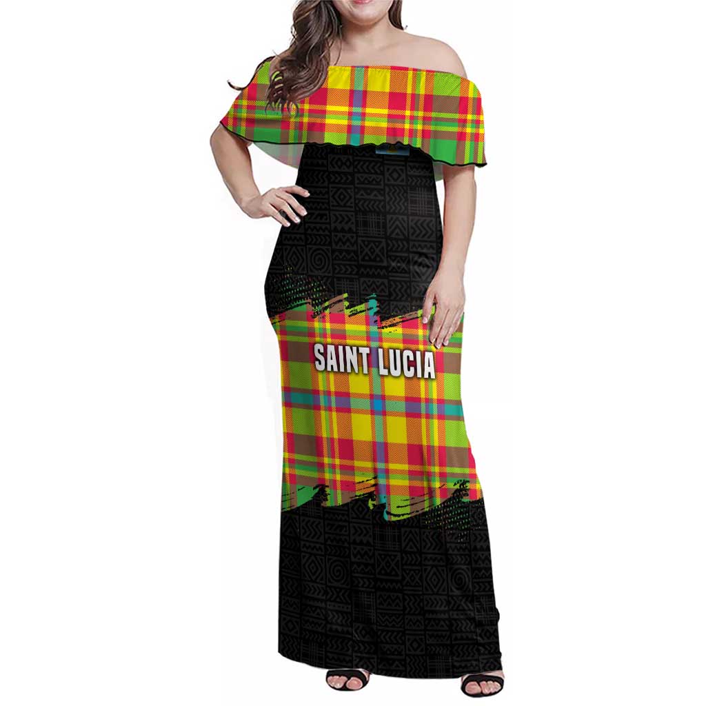 Saint Lucia Parrot Family Matching Off Shoulder Maxi Dress and Hawaiian Shirt with Madras Pattern and Cultural Black Motif Design - Wonder Print Shop