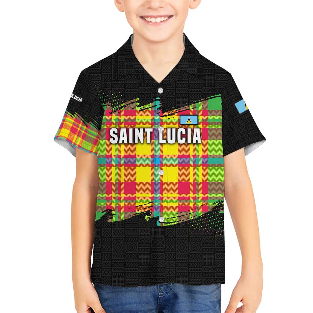 Saint Lucia Parrot Family Matching Off Shoulder Maxi Dress and Hawaiian Shirt with Madras Pattern and Cultural Black Motif Design - Wonder Print Shop