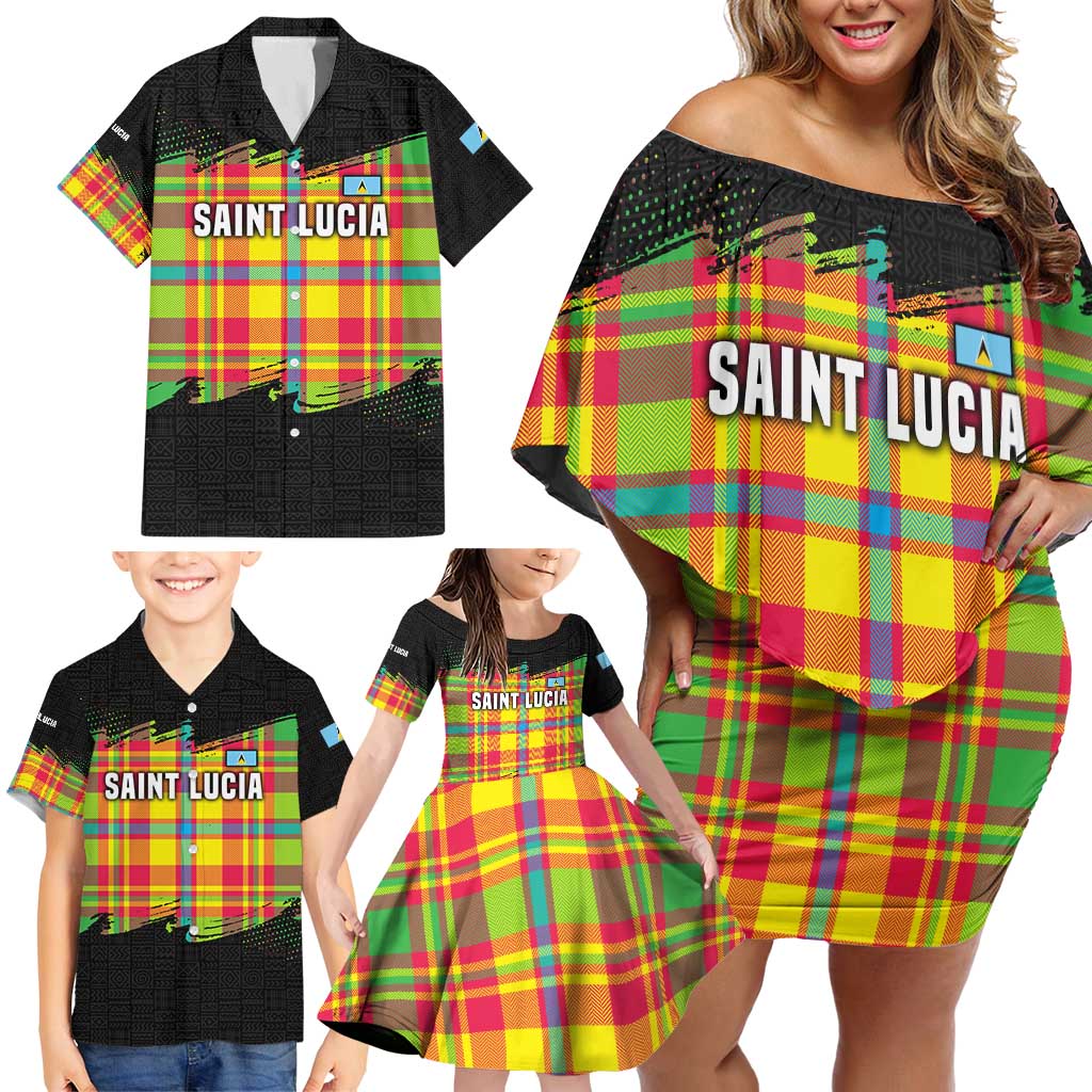 Saint Lucia Parrot Family Matching Off Shoulder Short Dress and Hawaiian Shirt with Madras Pattern and Cultural Black Motif Design - Wonder Print Shop