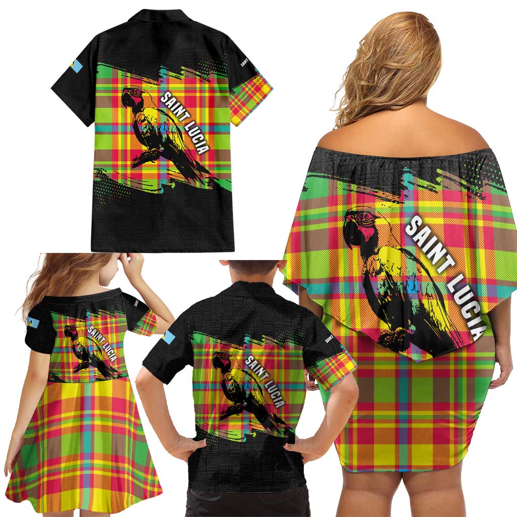 Saint Lucia Parrot Family Matching Off Shoulder Short Dress and Hawaiian Shirt with Madras Pattern and Cultural Black Motif Design - Wonder Print Shop