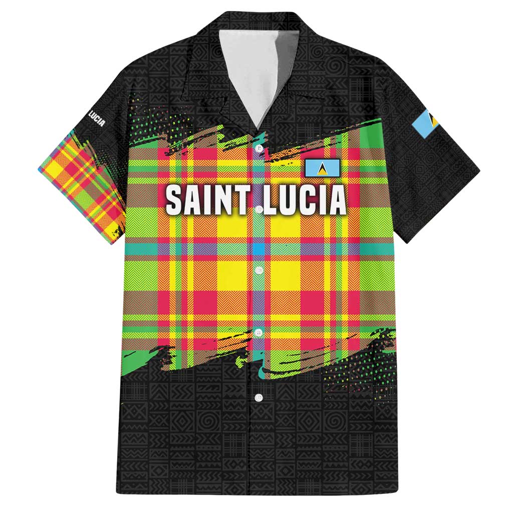 Saint Lucia Parrot Family Matching Off Shoulder Short Dress and Hawaiian Shirt with Madras Pattern and Cultural Black Motif Design - Wonder Print Shop