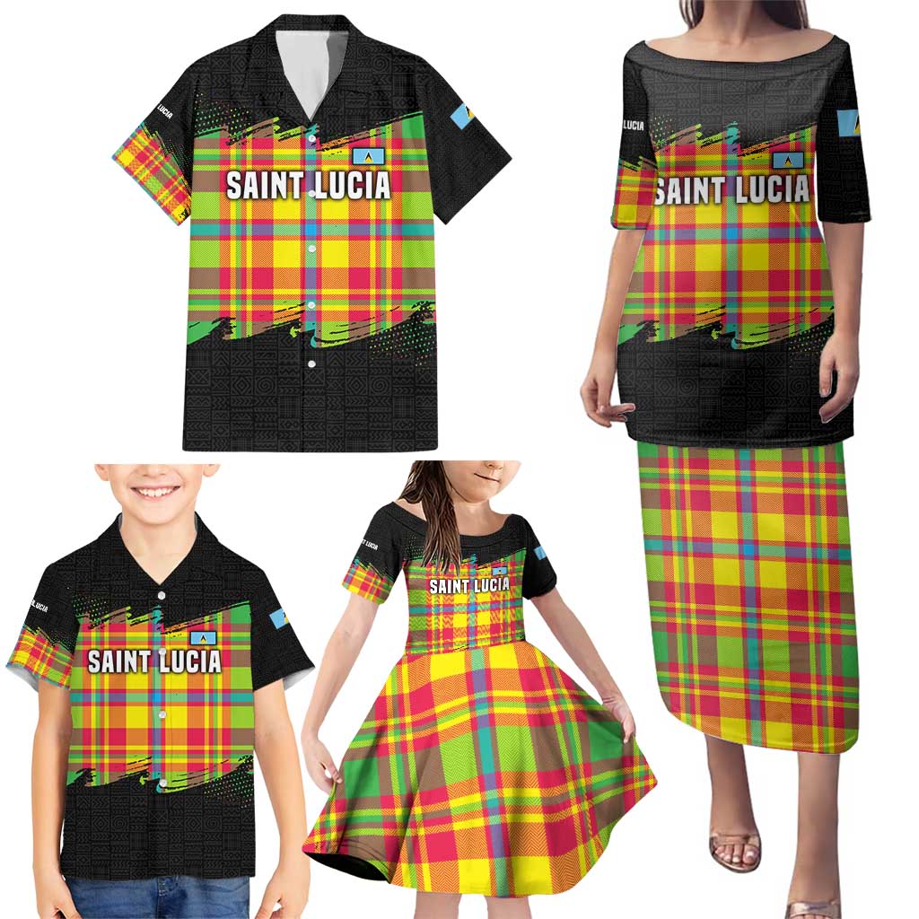 Saint Lucia Parrot Family Matching Puletasi and Hawaiian Shirt with Madras Pattern and Cultural Black Motif Design - Wonder Print Shop