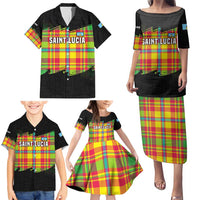 Saint Lucia Parrot Family Matching Puletasi and Hawaiian Shirt with Madras Pattern and Cultural Black Motif Design - Wonder Print Shop