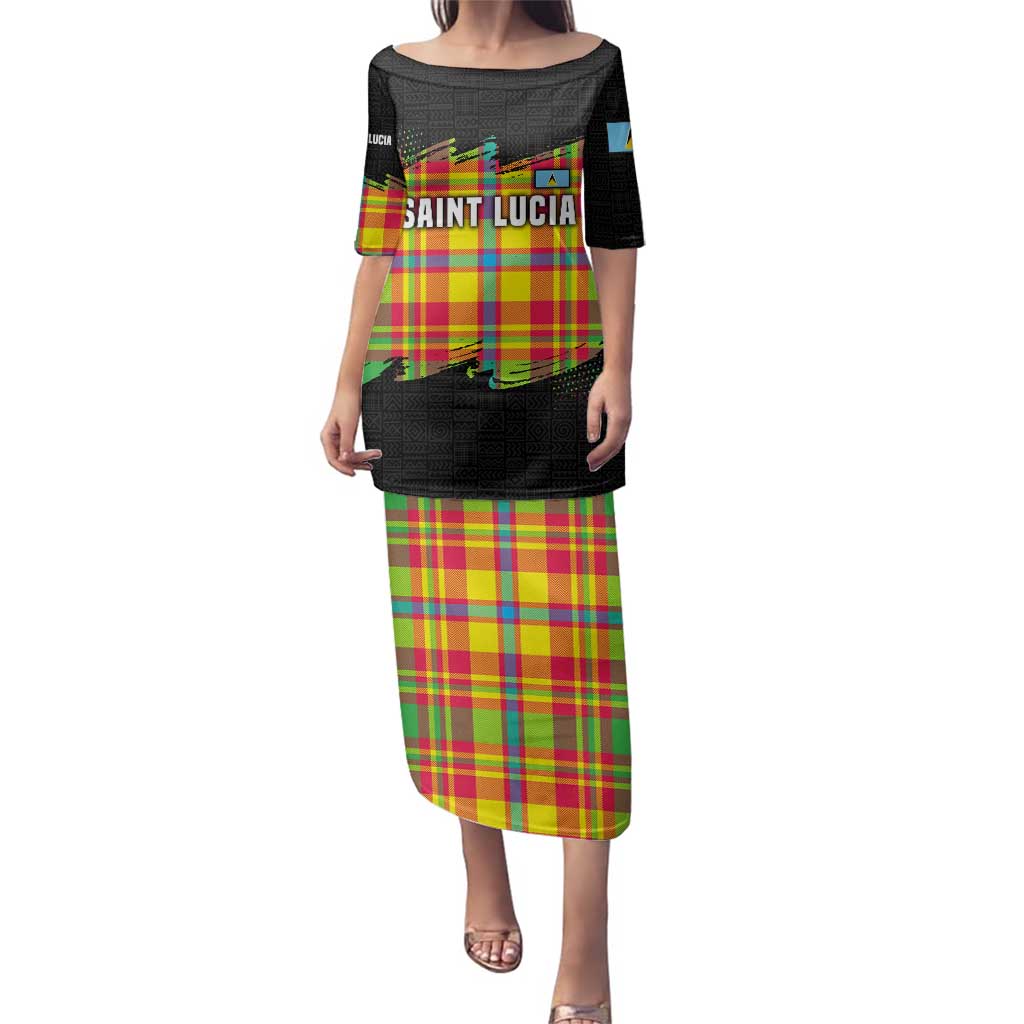 Saint Lucia Parrot Family Matching Puletasi and Hawaiian Shirt with Madras Pattern and Cultural Black Motif Design - Wonder Print Shop