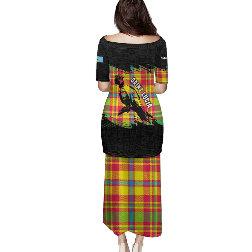 Saint Lucia Parrot Family Matching Puletasi and Hawaiian Shirt with Madras Pattern and Cultural Black Motif Design - Wonder Print Shop