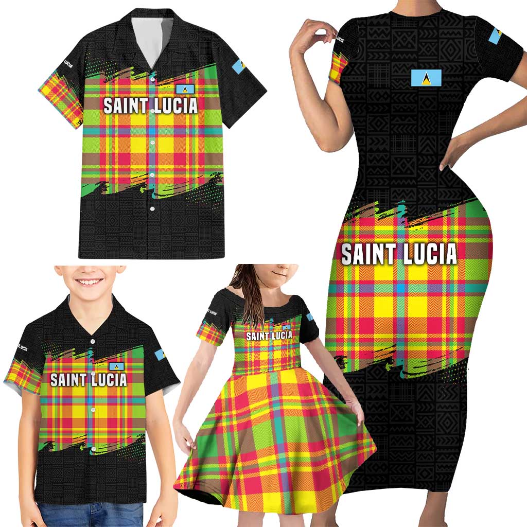 Saint Lucia Parrot Family Matching Short Sleeve Bodycon Dress and Hawaiian Shirt with Madras Pattern and Cultural Black Motif Design - Wonder Print Shop