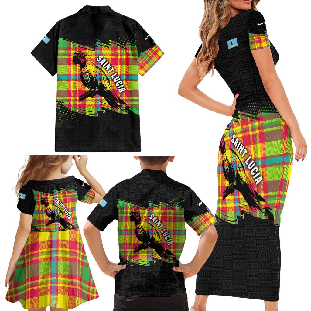 Saint Lucia Parrot Family Matching Short Sleeve Bodycon Dress and Hawaiian Shirt with Madras Pattern and Cultural Black Motif Design - Wonder Print Shop