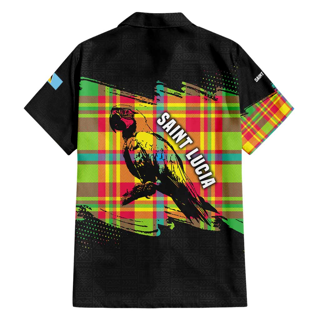 Saint Lucia Parrot Family Matching Short Sleeve Bodycon Dress and Hawaiian Shirt with Madras Pattern and Cultural Black Motif Design - Wonder Print Shop