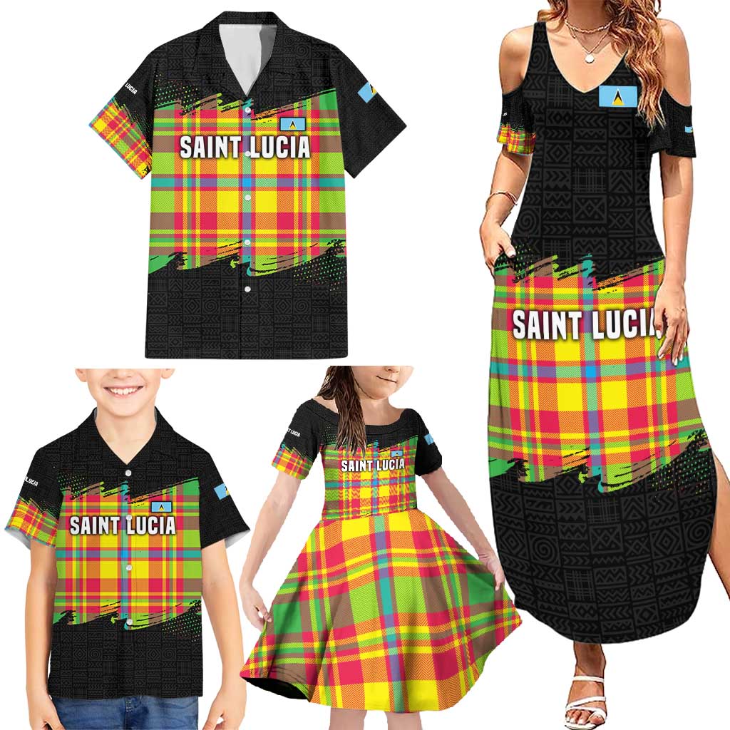 Saint Lucia Parrot Family Matching Summer Maxi Dress and Hawaiian Shirt with Madras Pattern and Cultural Black Motif Design - Wonder Print Shop