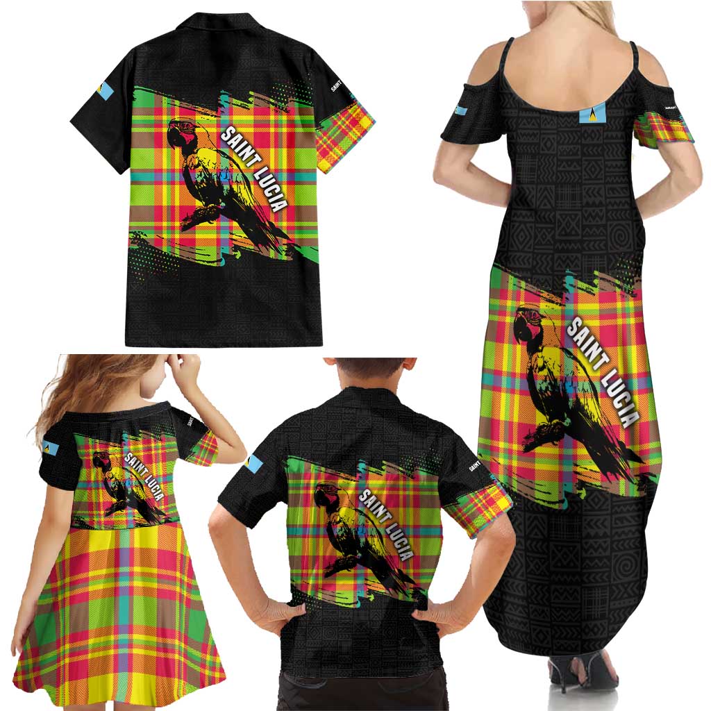 Saint Lucia Parrot Family Matching Summer Maxi Dress and Hawaiian Shirt with Madras Pattern and Cultural Black Motif Design - Wonder Print Shop