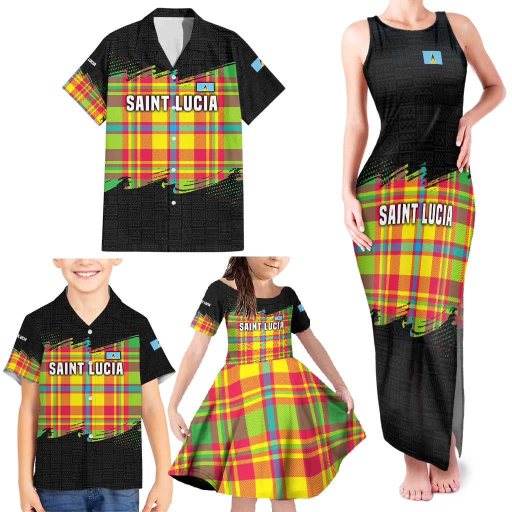 Saint Lucia Parrot Family Matching Tank Maxi Dress and Hawaiian Shirt with Madras Pattern and Cultural Black Motif Design - Wonder Print Shop