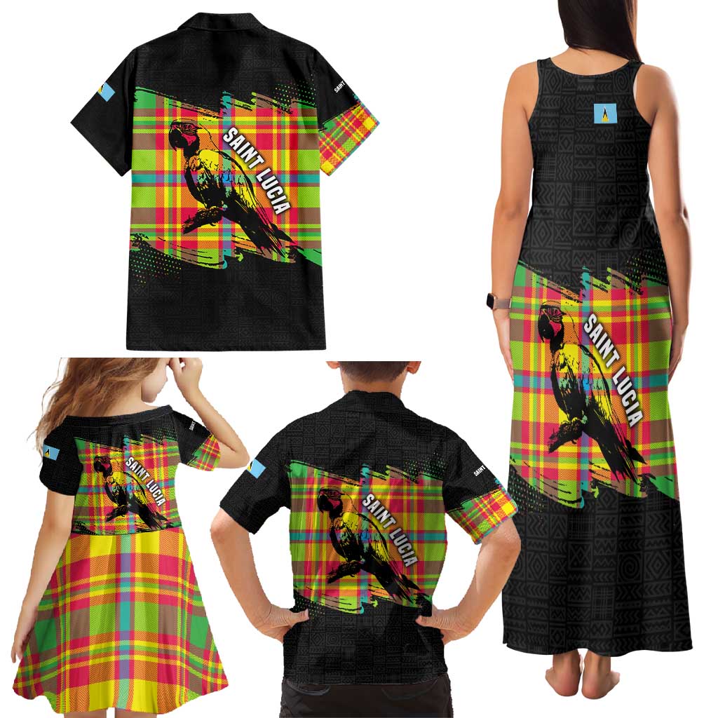 Saint Lucia Parrot Family Matching Tank Maxi Dress and Hawaiian Shirt with Madras Pattern and Cultural Black Motif Design - Wonder Print Shop