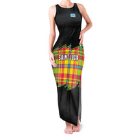 Saint Lucia Parrot Family Matching Tank Maxi Dress and Hawaiian Shirt with Madras Pattern and Cultural Black Motif Design - Wonder Print Shop