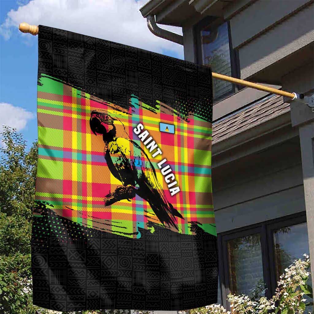Saint Lucia Parrot Garden Flag with Madras Pattern and Cultural Black Motif Design - Wonder Print Shop