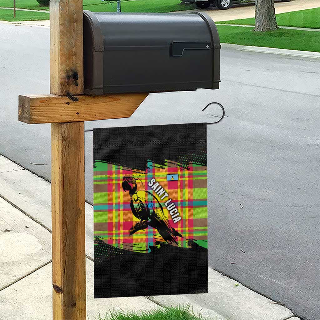 Saint Lucia Parrot Garden Flag with Madras Pattern and Cultural Black Motif Design - Wonder Print Shop