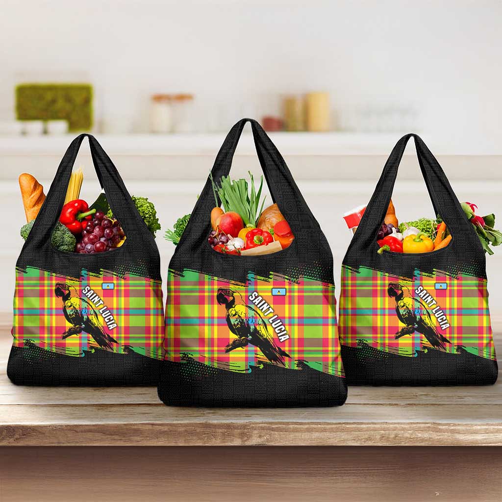 Saint Lucia Parrot Grocery Bag with Madras Pattern and Cultural Black Motif Design - Wonder Print Shop