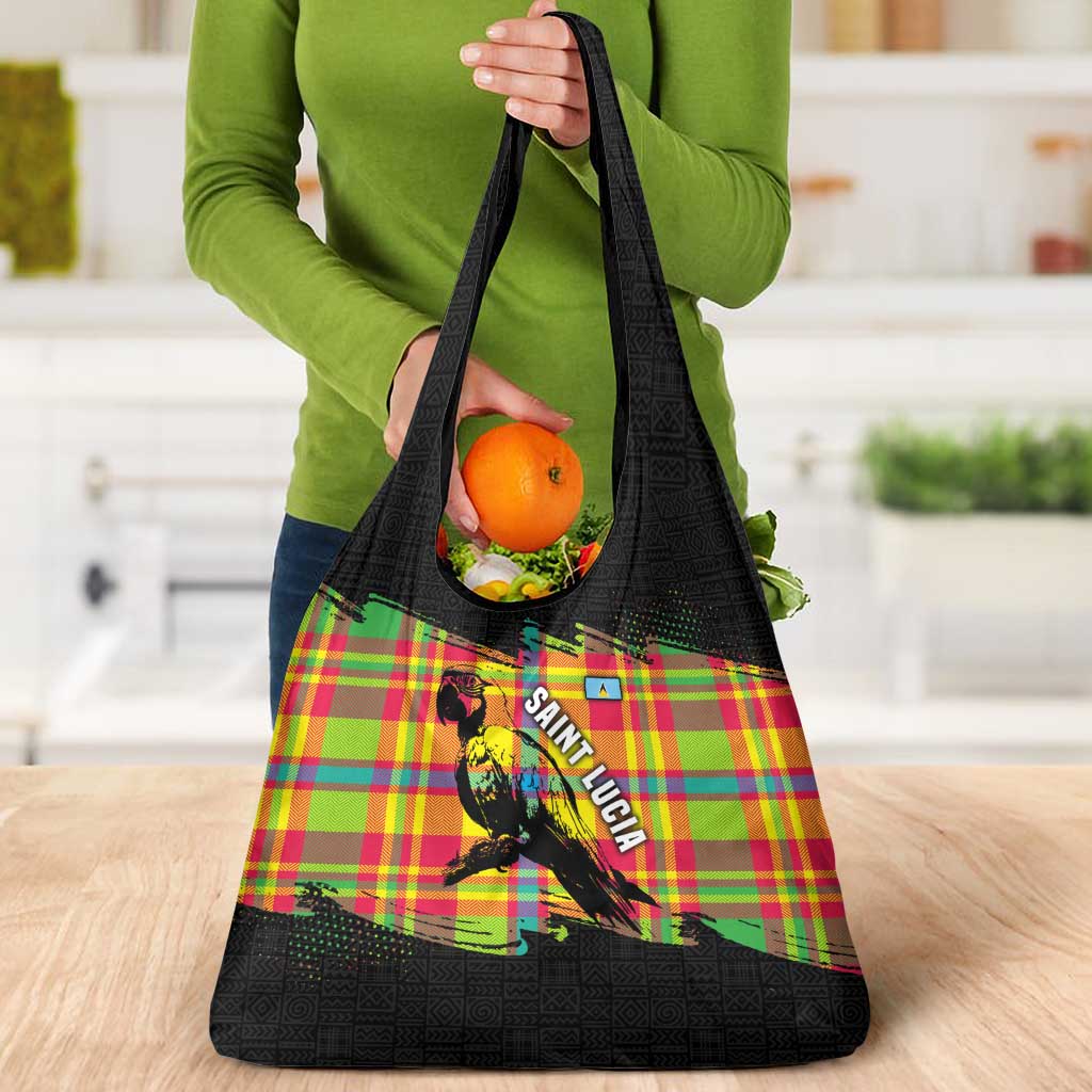 Saint Lucia Parrot Grocery Bag with Madras Pattern and Cultural Black Motif Design - Wonder Print Shop
