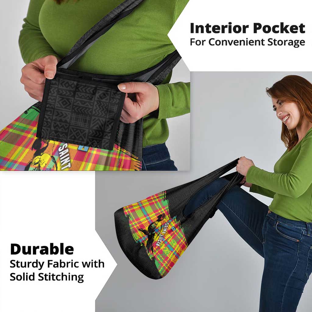 Saint Lucia Parrot Grocery Bag with Madras Pattern and Cultural Black Motif Design - Wonder Print Shop