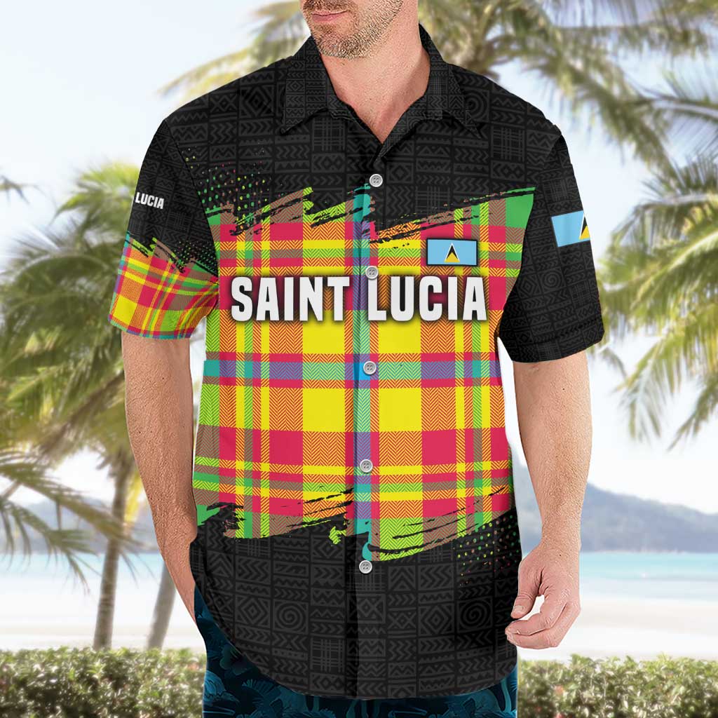Saint Lucia Parrot Hawaiian Shirt with Madras Pattern and Cultural Black Motif Design - Wonder Print Shop