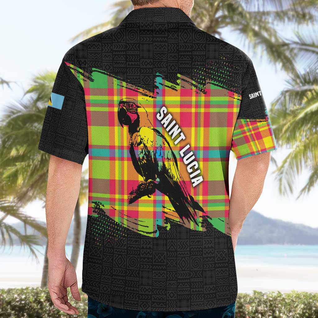 Saint Lucia Parrot Hawaiian Shirt with Madras Pattern and Cultural Black Motif Design - Wonder Print Shop