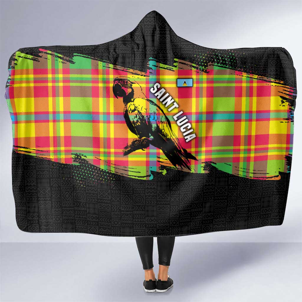 Saint Lucia Parrot Hooded Blanket with Madras Pattern and Cultural Black Motif Design - Wonder Print Shop