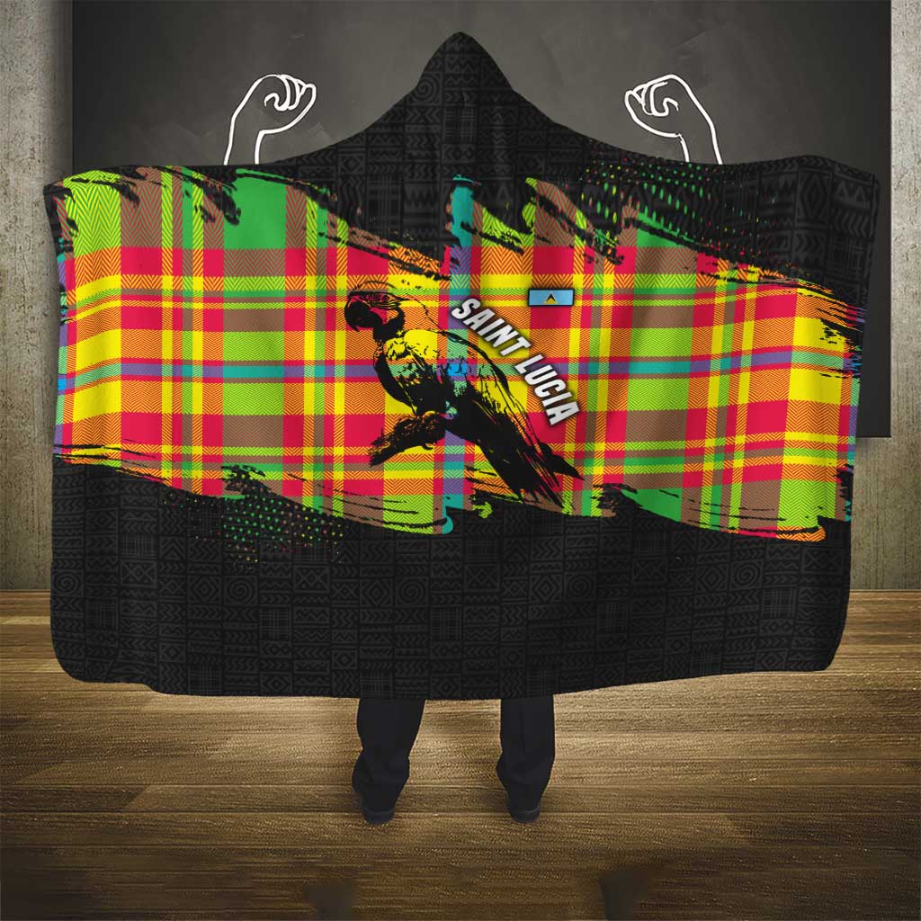 Saint Lucia Parrot Hooded Blanket with Madras Pattern and Cultural Black Motif Design - Wonder Print Shop