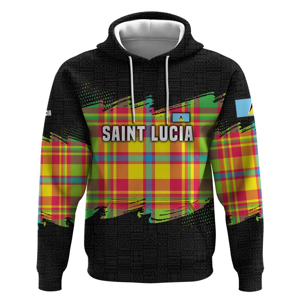 Saint Lucia Parrot Hoodie with Madras Pattern and Cultural Black Motif Design - Wonder Print Shop