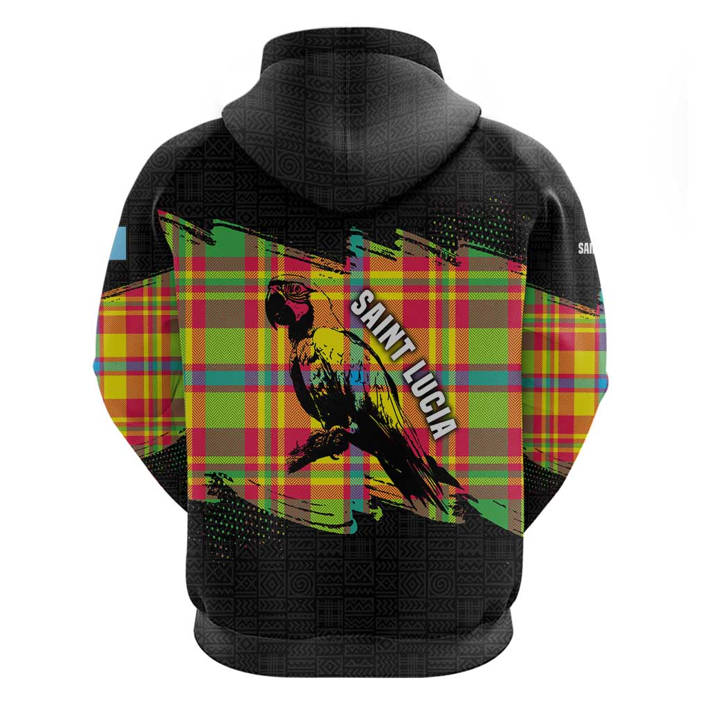 Saint Lucia Parrot Hoodie with Madras Pattern and Cultural Black Motif Design - Wonder Print Shop