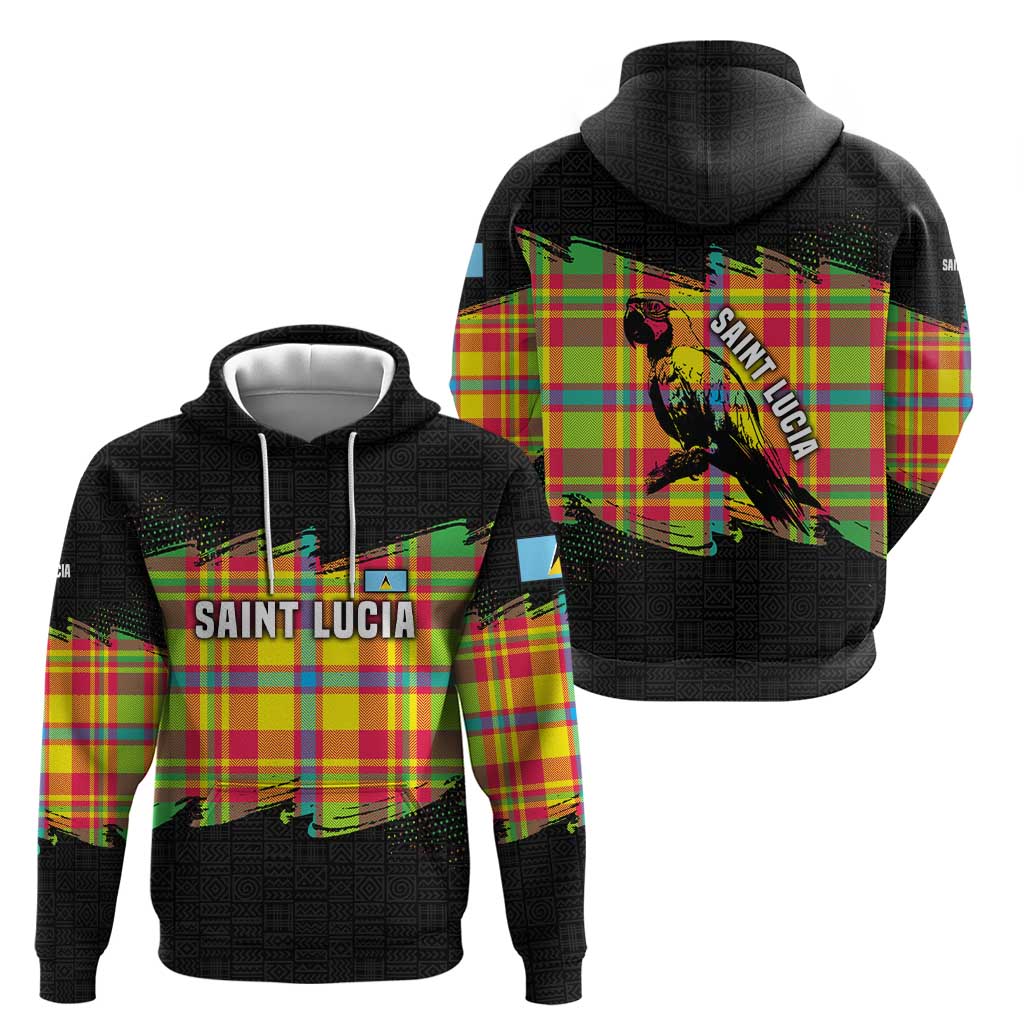 Saint Lucia Parrot Hoodie with Madras Pattern and Cultural Black Motif Design - Wonder Print Shop