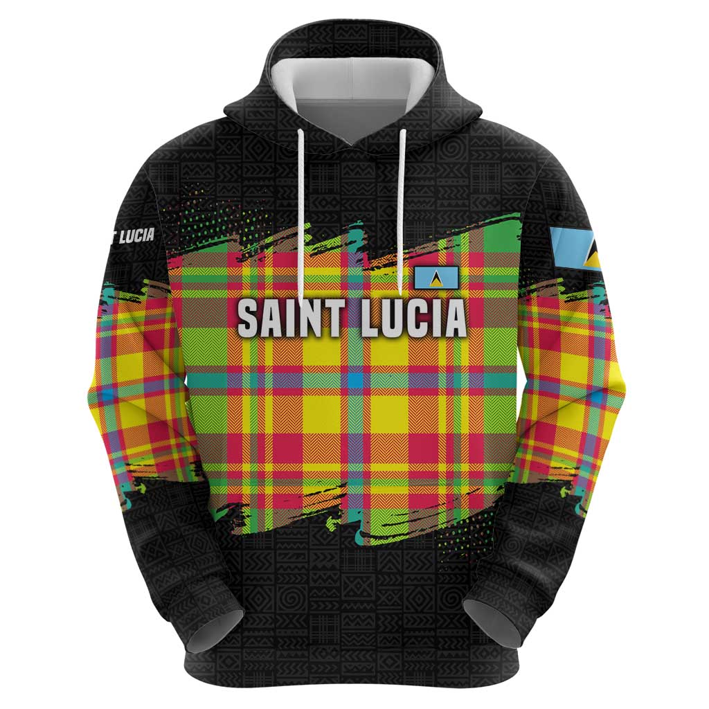 Saint Lucia Parrot Hoodie with Madras Pattern and Cultural Black Motif Design - Wonder Print Shop