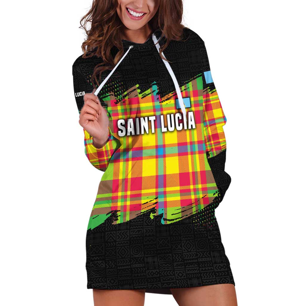 Saint Lucia Parrot Hoodie Dress with Madras Pattern and Cultural Black Motif Design - Wonder Print Shop