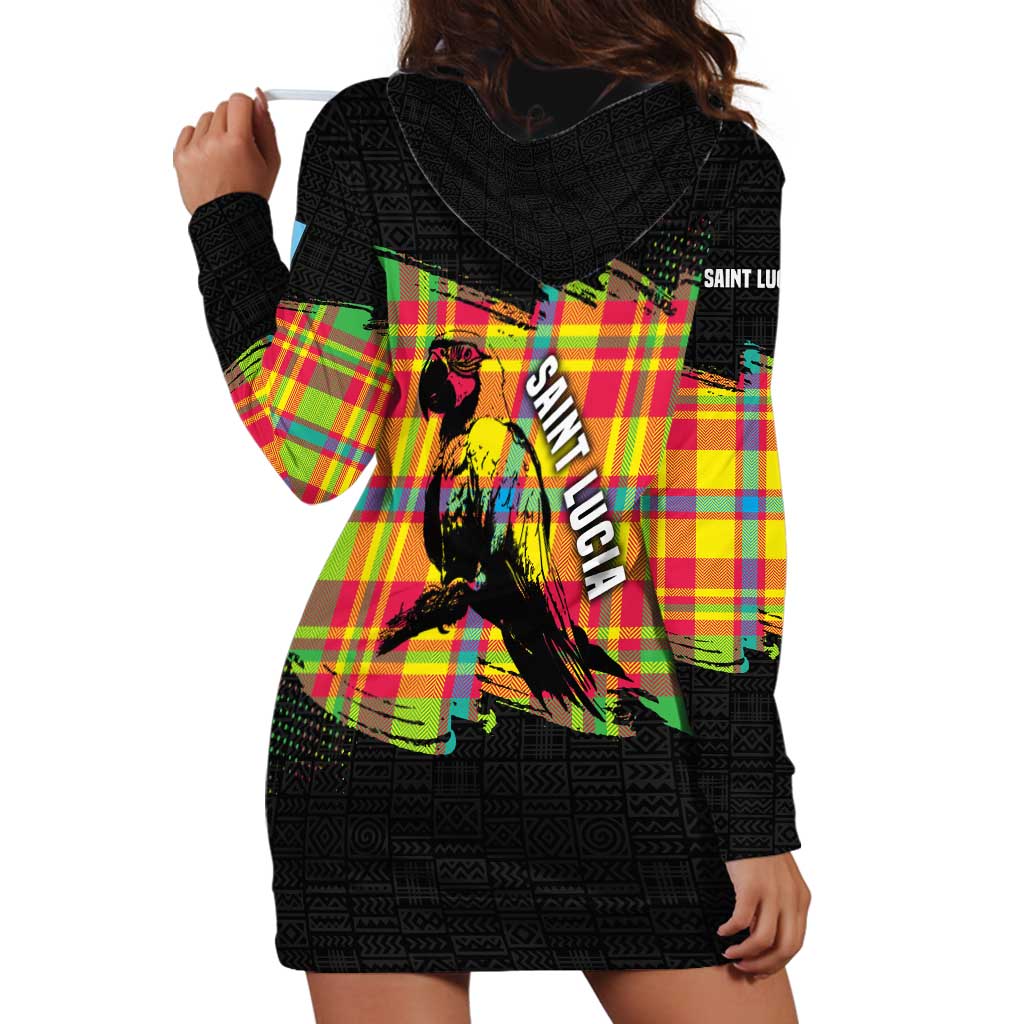 Saint Lucia Parrot Hoodie Dress with Madras Pattern and Cultural Black Motif Design - Wonder Print Shop