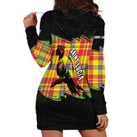 Saint Lucia Parrot Hoodie Dress with Madras Pattern and Cultural Black Motif Design - Wonder Print Shop