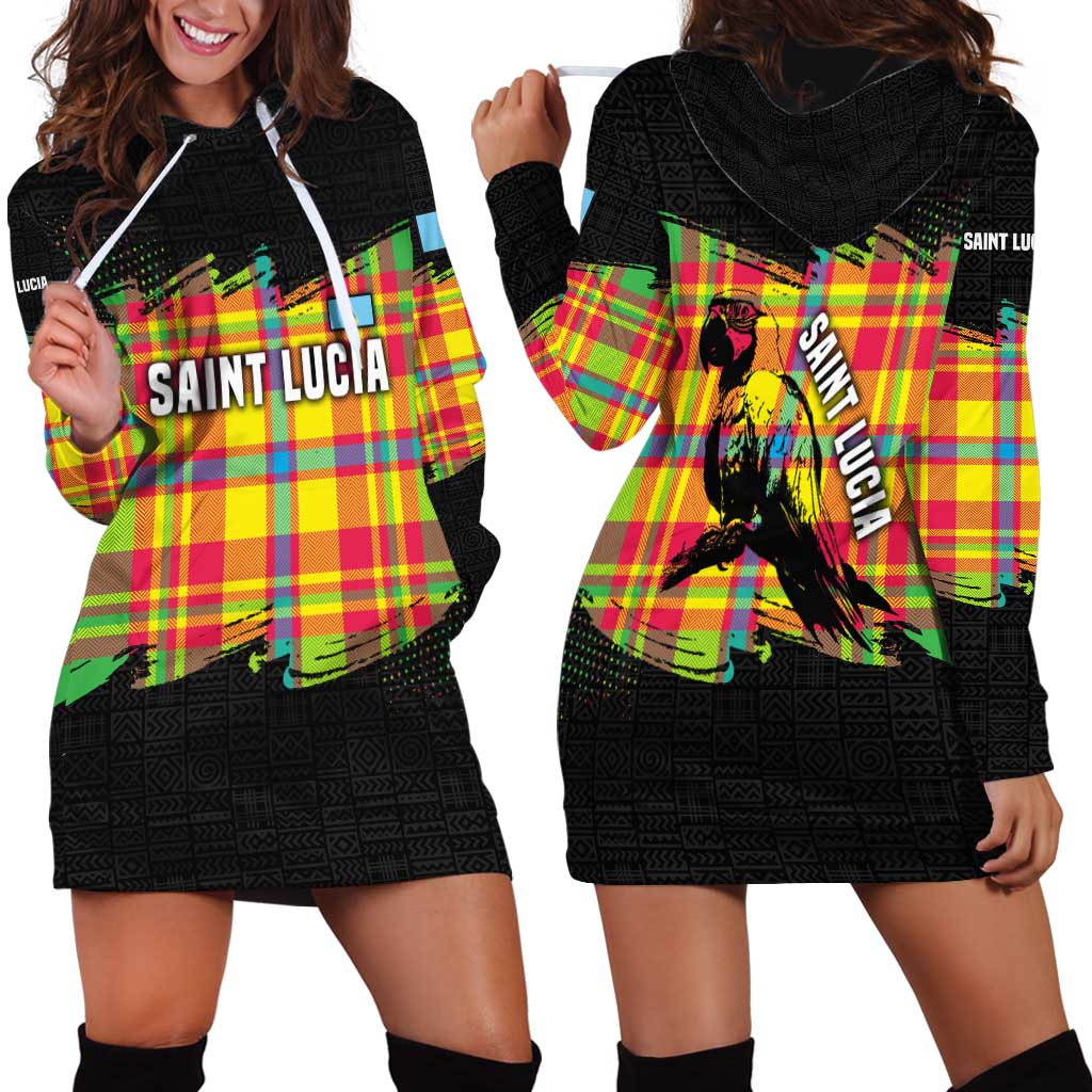 Saint Lucia Parrot Hoodie Dress with Madras Pattern and Cultural Black Motif Design - Wonder Print Shop