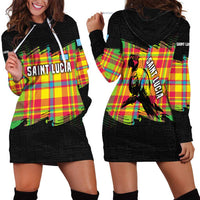 Saint Lucia Parrot Hoodie Dress with Madras Pattern and Cultural Black Motif Design - Wonder Print Shop