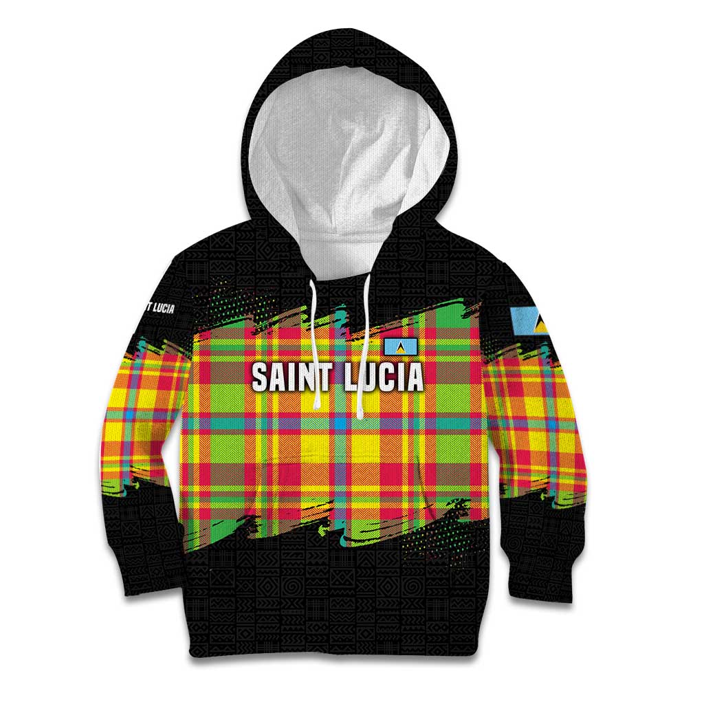 Saint Lucia Parrot Kid Hoodie with Madras Pattern and Cultural Black Motif Design - Wonder Print Shop