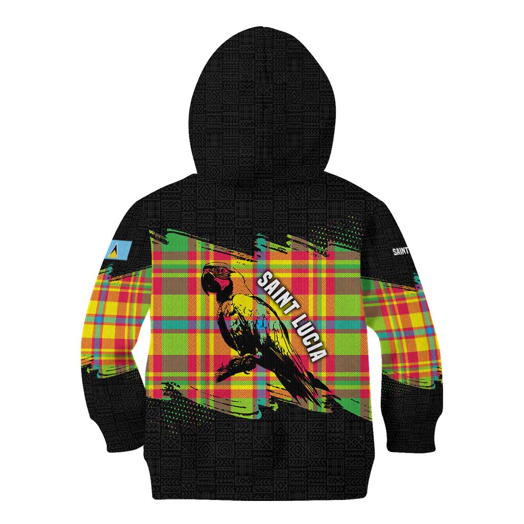 Saint Lucia Parrot Kid Hoodie with Madras Pattern and Cultural Black Motif Design - Wonder Print Shop