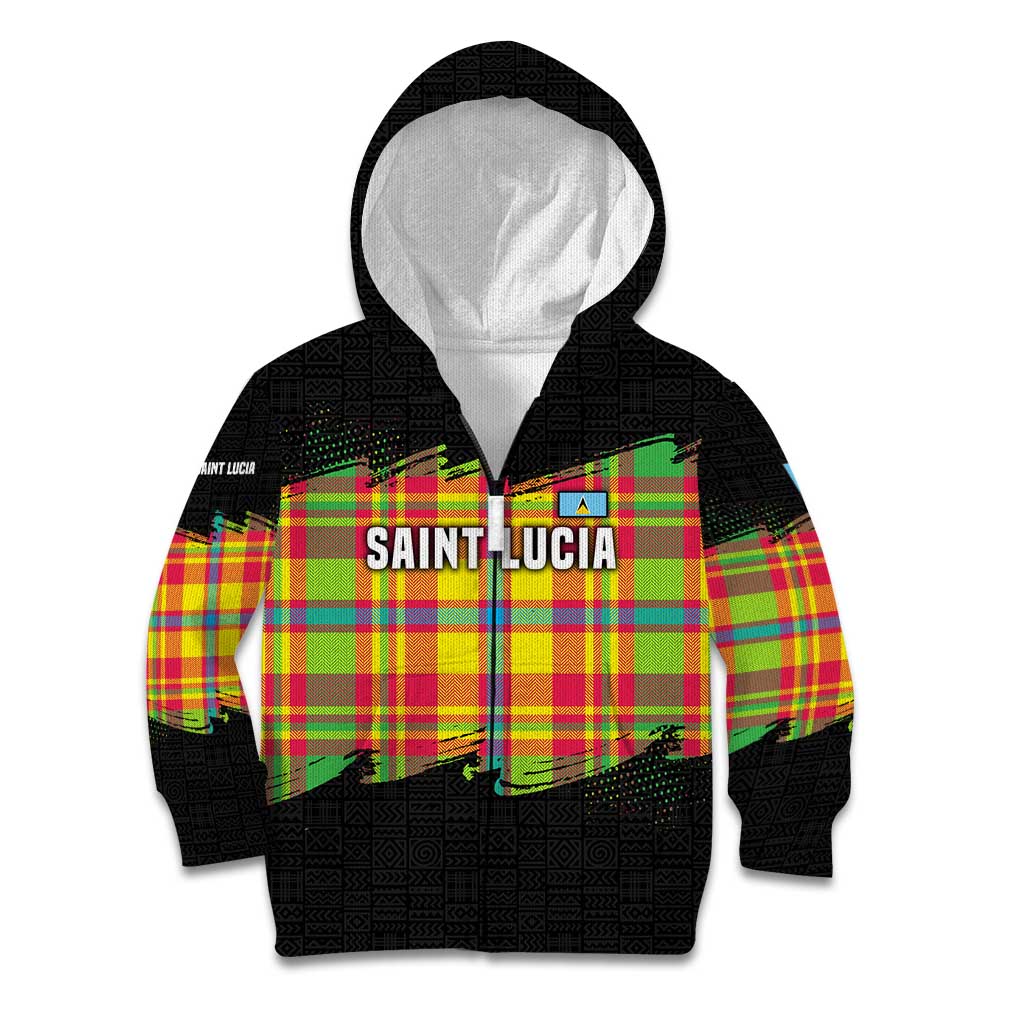 Saint Lucia Parrot Kid Hoodie with Madras Pattern and Cultural Black Motif Design - Wonder Print Shop